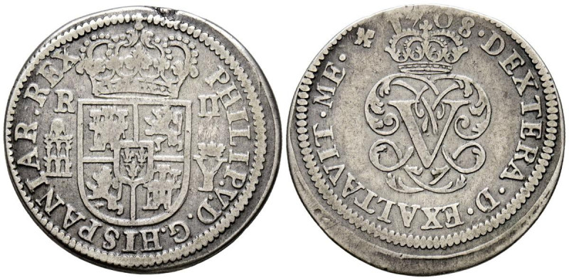 FELIPE V (1700-1746). 2 Reales. (Ar. 5,15g/27mm). 1708. Segovia Y. (Cal-2019-942...