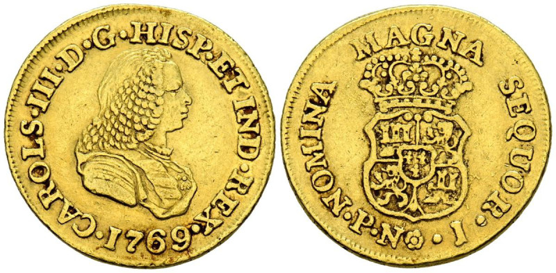 CARLOS III (1759-1788). 2 Escudos. (Au. 6,73g/24mm). 1769. Popayán J. (Cal-2019-...