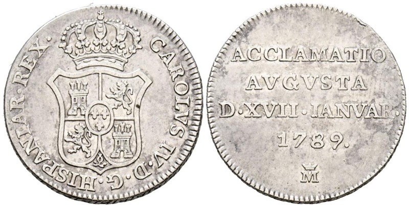 CARLOS IV (1808-1833). Proclamación en Madrid. (Ar. 6,03g/26mm). 1789. Módulo de...