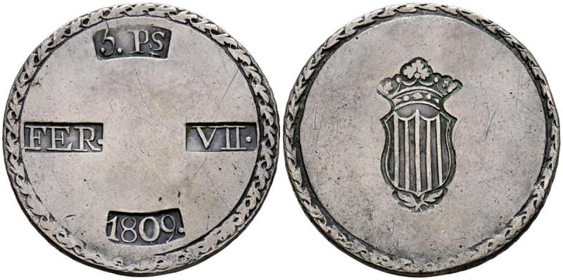 FERNANDO VII (1808-1833). 5 Pesetas. (Ar. 26,28g/39mm). 1809. Tarragona. (Cal-20...