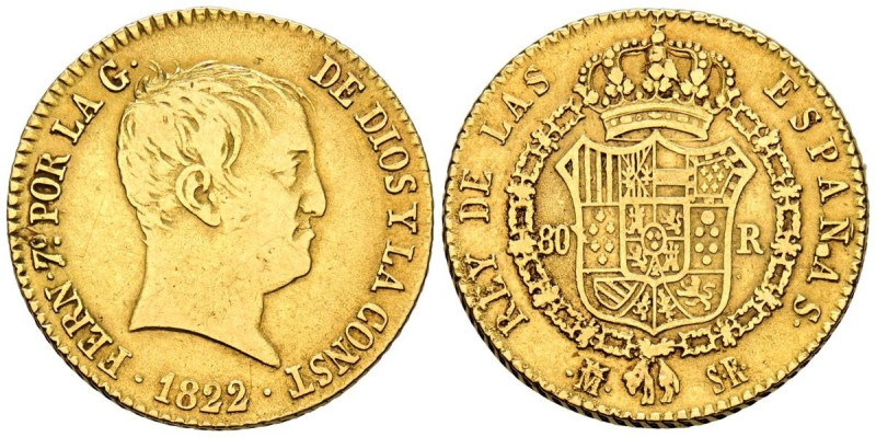 FERNANDO VII (1808-1833). 80 Reales (Au. 6,69g/23mm). 1822. Madrid SR. (Cal-2019...