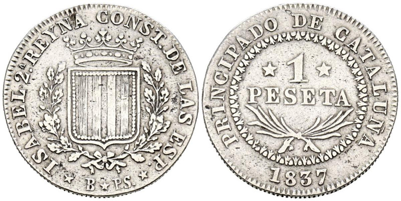 ISABEL II (1833-1868). 1 Peseta. (Ar. 5,83g/25mm). 1837. Barcelona PS. (Cal-2019...