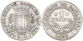 ISABEL II (1833-1868). 1 Peseta. (Ar. 5,83g/25mm). 1837. Barcelona PS. (Cal-2019-272). MBC+.

En el marco de las Guerras Carlistas, y de la misma ma...
