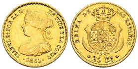 ISABEL II (1833-1868). 20 Reales. (Au. 1,67g/15mm). 1861. Madrid. (Cal-2019-672). EBC-.