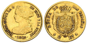ISABEL II (1833-1868). 2 Escudos. (Au. 1,65g/15mm). 1865. Madrid. (Cal-2019-675). MBC+/MBC. Escasa.