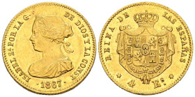 ISABEL II (1833-1868). 4 Escudos. (Au. 3,34g/18mm). 1867. Madrid. (Cal-2019-691). EBC-.