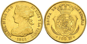 ISABEL II (1833-1868). 100 Reales. (Au. 8,37g/22mm). 1862. Sevilla. (Cal-2019-805). EBC.