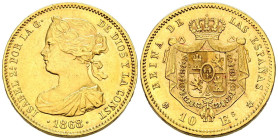 ISABEL II (1833-1868). 10 Escudos. (Au. 8,32g/22mm). 1868 *18-73. Madrid. (Cal-2019-41). Acuñada durante el periodo de la I República. MBC+.