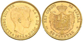 ALFONSO XIII (1885-1931). 20 Pesetas. (Au. 6,45g/21mm). 1896 *19-62. Madrid MPM. (Cal-2019-173-Estado Español). Reacuñación oficial. EBC+.