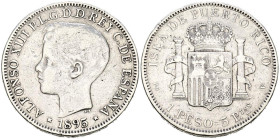 ALFONSO XIII (1885-1931). 1 Peso. (Ar. 24,75g/37mm). 1895. Puerto Rico PGV. (Cal-2019-128). MBC-. Escasa.