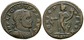 LICINIO I. Follis. (Ae. 4,83g/21mm). 312-313 d.C. Ostia. (RIC 77b). Anv: Busto laureado y con coraza de Licinio I a derecha, alrededor leyenda: IMP LI...