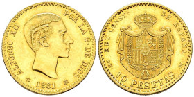 ESTADO ESPAÑOL (1936-1975). 10 Pesetas. (Au 3,33g/19mm). 1881 *19-62. Madrid DEM. Copia de joyería de 0,750 milésimas. EBC-.