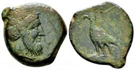 Locri AE 21, c. 300-268 BC 

Bruttium, Locri. AE21 (9.84 g), c. 300-268.
Obv. Laureate head of Zeus to right.
Rev. Eagle standing to left, on rock...