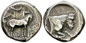 Gela AR Tetradrachm, c. 420-415 BC 

Gela, Sicily. AR Tetradrachm (24-25 mm, 16.22 g), c. 420-415 BC.
Obv. Charioteer driving slow biga right, Nike...