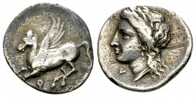 Corinth AR Drachm, c. 350-300 BC 

Corinthia, Corinth. AR Drachm (15-16 mm, 2.48 g), c. 350-300 BC.
Obv. Pegasos flying left, Koppa below.
Rev. He...