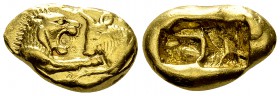 Kroisos AV Stater, c. 550 BC 

Kings of Lydia. Kroisos (c. 560-546 BC). AV Stater (12-18 mm, 8.04 g), Sardes. Light series.
Obv. On the left, forep...