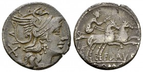 D. Flavius AR Denarius, 150 BC 

D. Flavius. AR Denarius (17 mm, 3.30 g), Rome, 150 BC.
Obv. Helmeted head of Roma to right, X behind.
Rev. Victor...