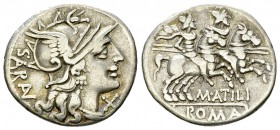 M. Atilius Saranus AR Denarius, 148 BC 

M. Atilius Saranus. AR Denarius (18-19 mm, 3.59 g), Rome, 148 BC.
Obv. Helmeted head of Roma right; behind...