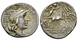 Q. Marcius, C. Fabius and L. Roscius AR Denarius, 118/117 BC 

Q. Marcius, C. Fabius and L. Roscius. AR Denarius (18-20 mm, 3.88 g), Rome, 118/117 B...