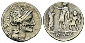P. Porcius Laeca AR Denarius, 110/109 BC 

P. Porcius Laeca. AR Denarius (18-19 mm, 3.81 g), Rome, 110/109 BC.
 Obv. Helmeted head of Roma to right...