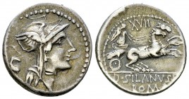 D. Iunius Silanus AR Denarius, 91 BC 

D. Iunius Silanus L. f. AR Denarius (19-20 mm, 3.91 g), Rome, 91 BC.
Obv. Helmeted head of Roma to right, be...