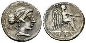 M. Cato AR Denarius, 89 BC 

M. Cato. AR Denarius (18-19 mm, 3.73 g), Rome, 89 BC.
Obv. Diademed and draped female bust to right, behind, ROMA and ...