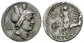 L. Axsius Naso AR Denarius, 71 BC 

L. Axsius L.f. Naso. AR (fourré?) Denarius (18 mm, 3.17 g), Rome, 71 BC.
Obv. Head of Mars to right, wearing pl...