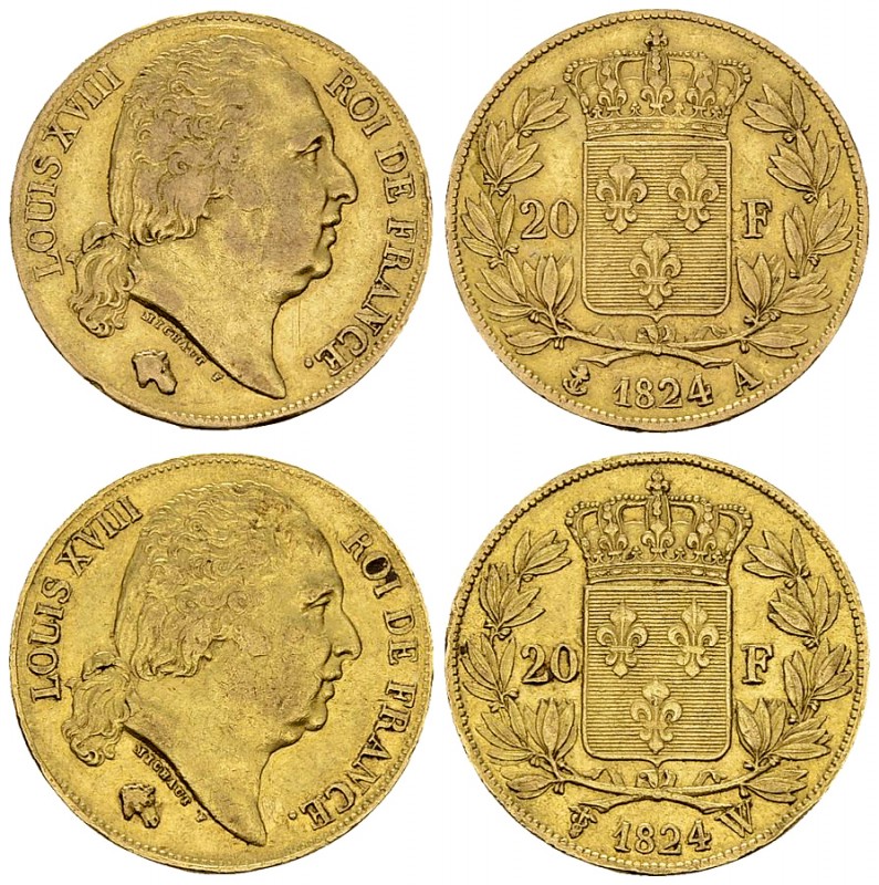 Louis XVIII, Lot of 2 AV 20 Francs 1824 A/W 

France, Restauration. Louis XVII...