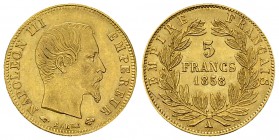 Napoléon III, AV 5 Francs 1858 A, Paris 

France, second Empire. Napoléon III (1852-1870). AV 5 Francs 1858 A (17 mm, 1.59 g), Paris.
Gad. 1001.
...