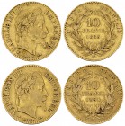 France, Lot of 2 AV 10 Francs 1863/1864 

France, 2nd Empire. Napoléon III. Lot of 2 (two) AV 10 Francs 1863 BB and 1864 BB (3.21 and 3.19 g).
Gad....