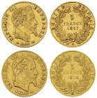 France, Lot of 2 AV 5 Francs 1867/1868 

France, second Empire. Napoléon III (1852-1870). Lot of 2 (two) AV 5 Francs 1867 A and 1868 BB.
Gad. 1002....
