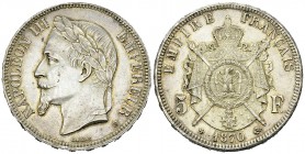 France, AR 5 Francs 1870 BB, Strasbourg 

France, 2nd Empire. Napoléon III. AR 5 Francs 1870 BB (24.98 g), Strasbourg.
Gad. 739.

Jolie patine. S...