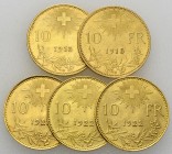 Schweiz, Lot von 5 AV 10 Franken 

Schweiz, Eidgenossenschaft. Lot von 5 (fünf) AV 10 Franken 1913, 1915 und 1922 (3).
KM 36.

Vorzüglich. (5)