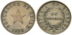 Chile AE Centavo 1853 

Chile, Republic. AE Centavo 1853 (29 mm, 10.03 g).
KM 127.

Very fine to extremely fine.