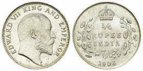 India, British, AR 1/4 Rupee 1906 

India, British. Edward VII (1901-1910). AR 1/4 Rupee 1906 (2.90 g).
KM 506.

Brilliant uncirculated.