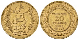 Tunisia AV 20 Francs 1891 A, Paris 

Tunisia. AV 20 Francs 1891 A (6.44 g).
KM 227.

Good very fine.