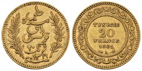 Tunisia AV 20 Francs 1901 A, Paris 

Tunisia. AV 20 Francs 1901 A (6.44 g).
KM 227.

Good very fine.