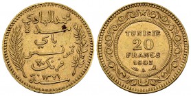 Tunisia AV 20 Francs 1903 A, Paris 

Tunisia. AV 20 Francs 1903 A (6.44 g).
KM 234.

Good very fine.