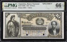 ARGENTINA. Banco Nacional. 10 Pesos, 1.1.1883. P-S698s. Specimen. PMG Gem Uncirculated 66 EPQ.
The sole finest in the PMG population report that is o...