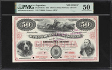 ARGENTINA. Banco Provincial de Santa Fe. 50 Pesos Plata Boliviana, 1.1.1875. P-S818s. Specimen. PMG About Uncirculated 50.
Lovely specimen of this Pr...