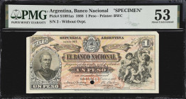 ARGENTINA. Banco Nacional. 1 Peso, 1.1.1888. P-S1091as. Specimen. PMG About Uncirculated 53.
Without Overprint. Printed by BWC. A very elusive design...
