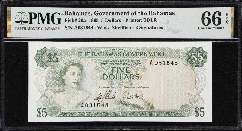 BAHAMAS. Bahamas Government. 5 Dollars, 1965. P-20a. PMG Gem Uncirculated 66 EPQ...