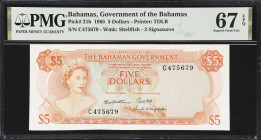 BAHAMAS. Bahamas Government. 5 Dollars, 1965. P-21b. 3 Signatures. PMG Superb Gem Uncirculated 67 EPQ.
Surpassed in the PMG population report by just...