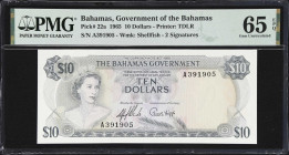 BAHAMAS. Bahamas Government. 10 Dollars, 1965. P-22a. PMG Gem Uncirculated 65 EPQ.
First date of issue. While not as difficult as the higher denomina...