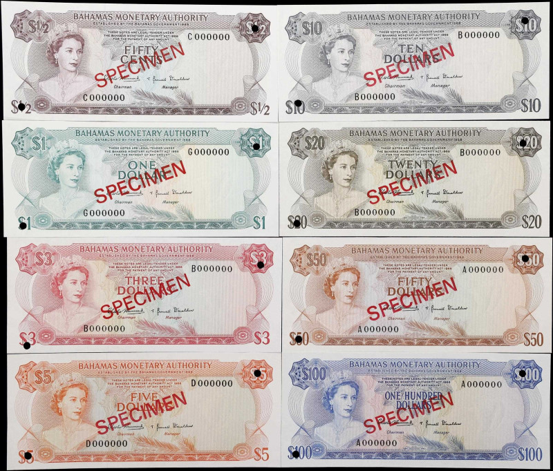 BAHAMAS. Lot of (8). Bahamas Monetary Authority. 50 Cents to 100 Dollars, 1968. ...