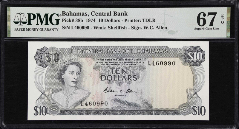 BAHAMAS. Central Bank of the Bahamas. 10 Dollars, 1974. P-38b. PMG Superb Gem Un...