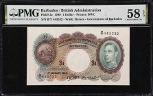 BARBADOS. Government of Barbados. 1 Dollar, 1.1.1949. P-2c. PMG Choice About Uncirculated 58 EPQ.
High grade example of this popular type from Barbad...