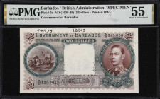 BARBADOS. Government of Barbados. 2 Dollars, ND (1938-49). P-3s. Specimen. PMG About Uncirculated 55.
A wonderful specimen of the challenging $2 deno...