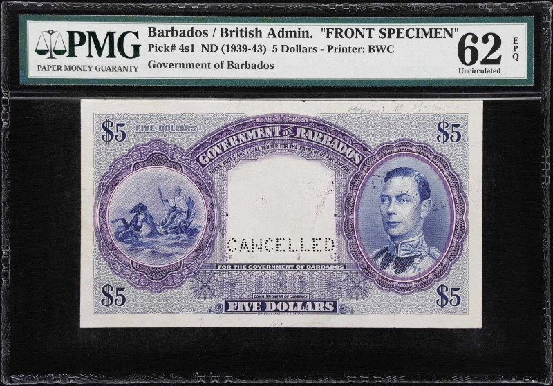 BARBADOS. Government of Barbados. 5 Dollars, ND (1939-43). P-4s1. Front Specimen...