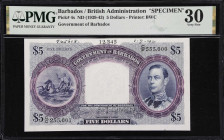 BARBADOS. Government of Barbados. 5 Dollars, ND (1939-43). P-4s. Specimen. PMG Very Fine 30.
Fully printed specimen for the KGVI $5 of Barbados. Whil...
